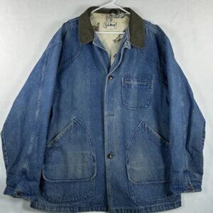 VTG LL Bean Chore Coat Men 2XL Blue Denim Barn Animal Print Liner Distressed USA